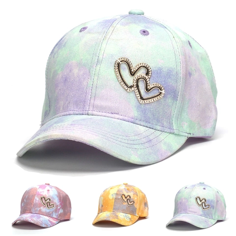 Mode Tie-Dye Baseballkappe für Kinder mit Strass-Herz-Dekor Bunte Sonnenschutz-Entenzungenhut für Mädchen Outdoor Verstellbar