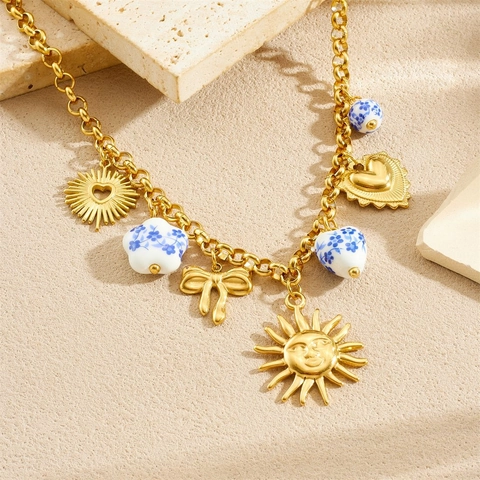 Stainless Steel Gold Plated Jewelry Necklace And Bracelet Sun Face Heart Bow Ceramic Beads Blue White Flower Women