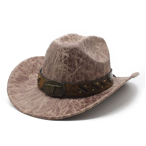 Retro Western Cowboy Hat Suede Texture Bull Head Metal Buckle Rivets Wide Brim Sun Protection Jazz Cap Men Women