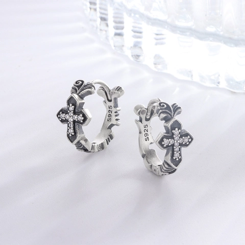 Gotische Kreuz-Creolen 925 Sterling Silber Mit Zirkonia Vintage Punk Stil Schmuck Für Herren Und Damen