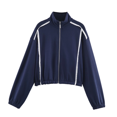 Felpa Da Donna Con Cerniera Collo Alto E Pantaloni Larghi Blu Notte Bordo In Pizzo Completo Sportivo In Maglia