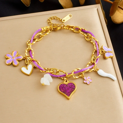 Purple Butterfly Flower Heart Charm Bracelet Stainless Steel Gold Chain Woven Rope Korean Sweet Fashion Women