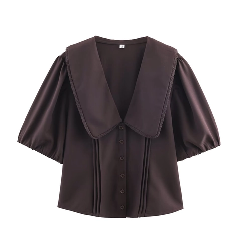 Women Vintage Coffee Short Puff Sleeve Blouse With Peter Pan Collar And Lace Trim Pin-Tuck Solid Color Button Up Top