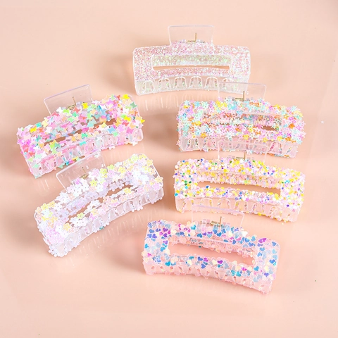 Hair Claw Clips Large Transparent Resin With Colorful Glitter Star Heart Sequins Cute Aesthetic Shark Clips Women Girls