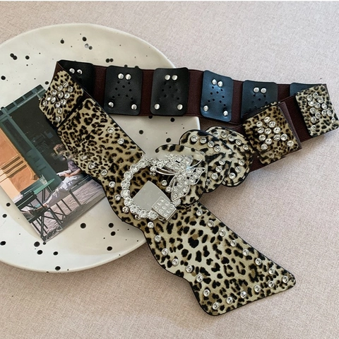 Leopard Print Wide Belt For Women With Rhinestone Butterfly Buckle PU Leather Elastic Y2K Vintage Waist Chain