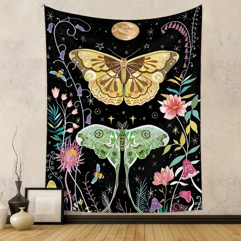 Tapisserie Murale Polyester Suspendue Décorative Esthétique Pour Chambre Salon Bohème Vintage Papillon Lune Papillon De Nuit