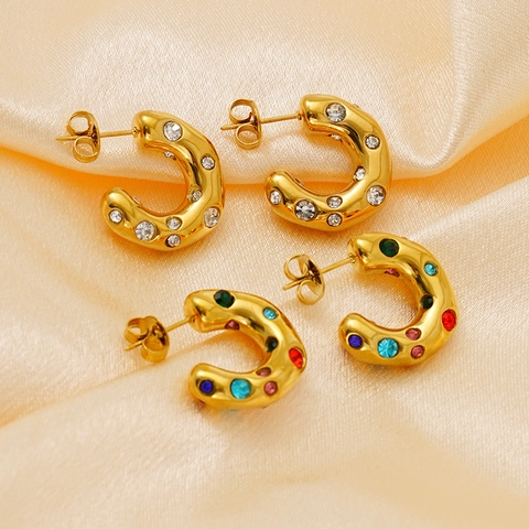 C Shape Hoop Earrings 18K Gold Plated Stainless Steel Thick Multicolor Zircon Studs For Women