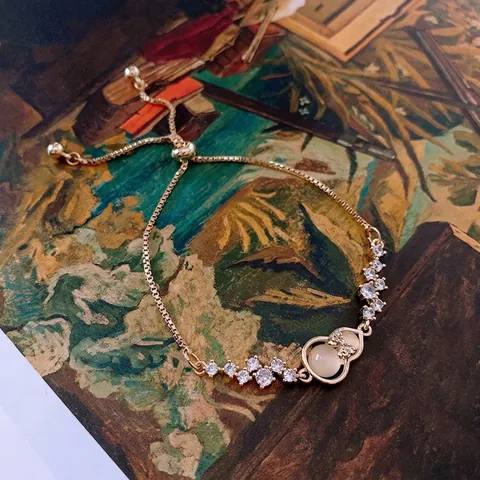 Gourd Bowknot Adjustable Bracelet Copper With Zircon And Cat Eye Stone Elegant Korean Style Fashion Jewelry For Women