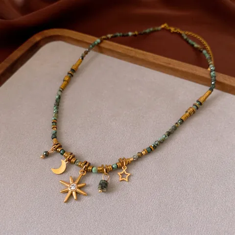 Vintage Beaded Necklace With Natural Stone And Star Moon Charms Stainless Steel Ethnic Boho Jewelry For Women