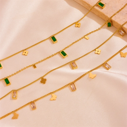 Collana Vintage in Acciaio Inossidabile Placcato Oro Con Pendenti Multipli Farfalla Fiore Quadrato Strass Verdi Bianchi Gioielli da Donna