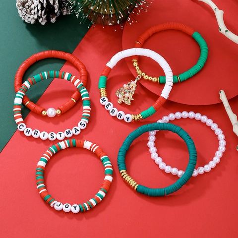 Christmas Beaded Bracelets Polymer Clay Alloy Santa Tree Letter Charms Festive Jewelry Holiday Gift