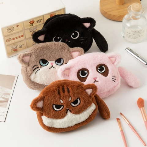 Cartoon Katze Plüsch Münzbörse Mini Aufbewahrungstasche Mit Stickerei Gesicht Und Schwanz Für Schlüssel Lippenstift Weich