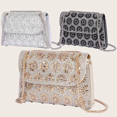 Rhinestone Evening Bag Flower Sunflower Pattern PU Leather Clutch With Chain Strap For Women Party Banquet Wedding