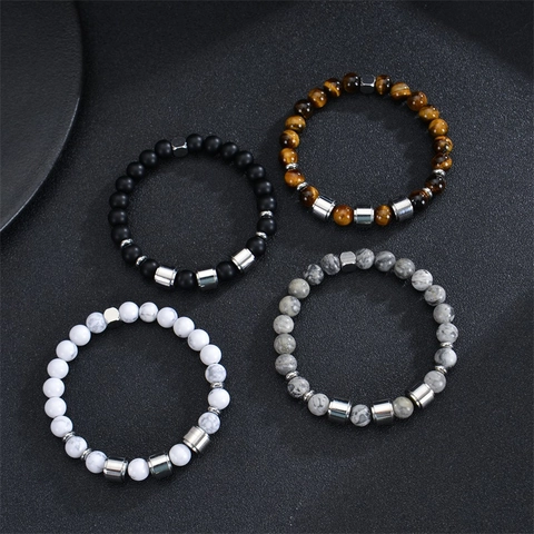 Pulsera De Cuentas De Piedra Natural Con Cuentas De Nombre De Acero Inoxidable Cordón Elástico Joyería