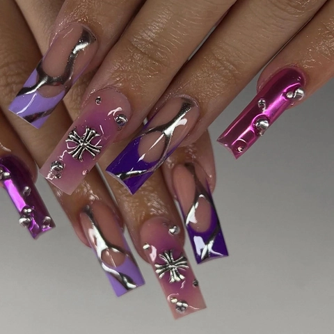 French Purple Press On Nails Gothic Cross Metal Decor Rhinestones Silver Stripe Long Square Artificial Finger Nails