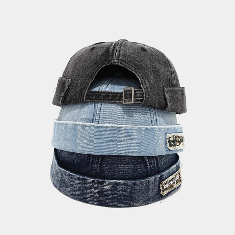 Cappello Docker In Denim Lavato Retro Senza Tesa Fibbia In Metallo Regolabile Patch Ricamata Unisex Streetwear Giapponese