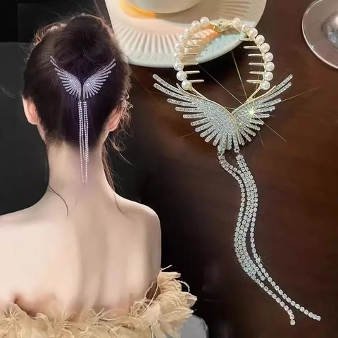 Fermaglio Per Capelli Ali D'angelo Lega Strass Nappa Lunga Perla Artificial Imitazione Elegante Supporto Coda Di Cavallo Accessori Festa