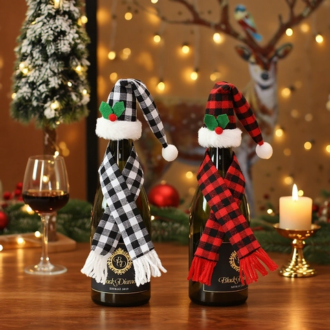 Decorazione Bottiglia Di Vino Di Natale Mini Cappello E Sciarpa A Quadri Tessuto Tavola Di Festa Decorazione Festiva