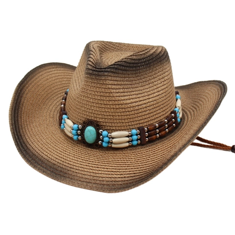 Gevlochten Strooien Cowboyhoed Westerse Etnische Turquoise Kralendecoratie Zonbescherming Strandhoed Vintage Verstelbaar Touw