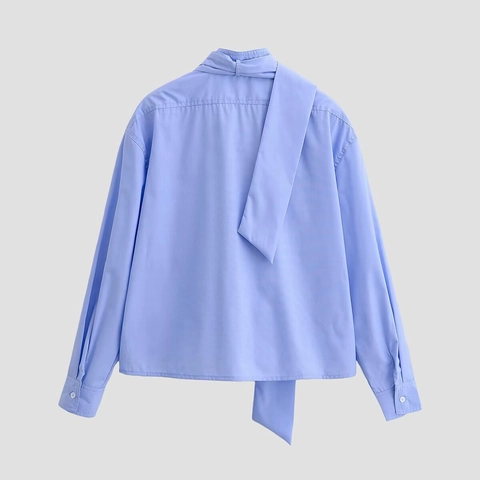 Camisa De Mujer De Manga Larga Con Lazo En El Cuello Color Sólido Poliéster Blusa Con Bolsillo En El Pecho Elegante