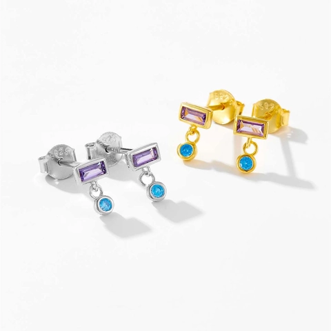 925 Sterling Silver Geometric Stud Earrings Rectangle Purple Round Blue Rhinestone Inlaid Platinum Gold Plated Ear Jewelry
