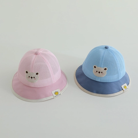 Cappello Pescatore Neonato Rete Traspirante Protezione Solare Estate Ricamo Orso Cartone Animato Cappello Sole Bimbi