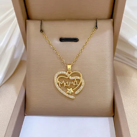 Heart Pendant Necklace Stainless Steel Chain Copper Zirconia MAMA Letter Star Mother's Day Gift For Women Elegant