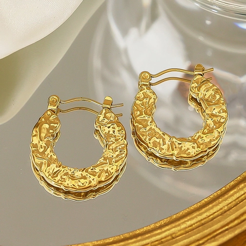 Orecchini A Cerchio Spessi Da Donna Acciaio Inossidabile Placcato Oro 18K Nervati Martellati Geometrici Vintage