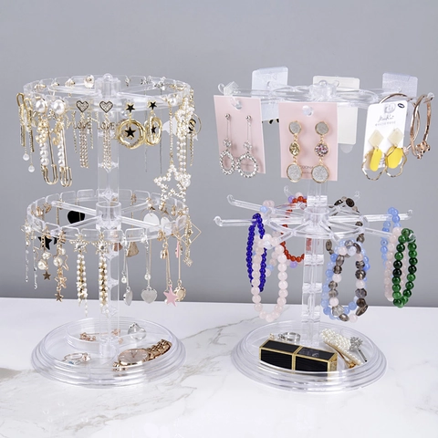 Rotating Jewelry Display Rack Acrylic Earring Holder Necklace Organizer Stand Round Tray Base Desktop Storage For Women