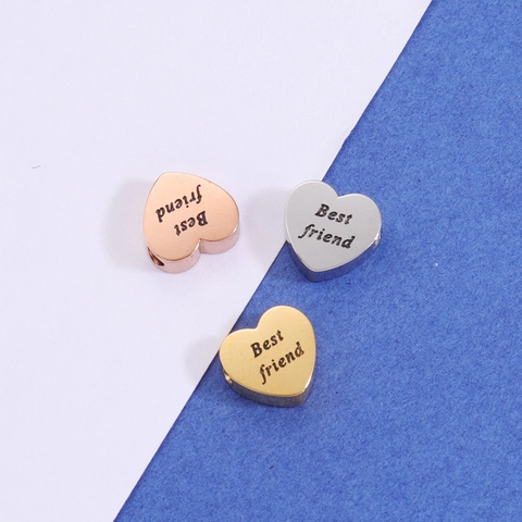 Heart Shape Stainless Steel Small Hole Beads Sister Best Friend Engraved Mirror Polished DIY Jewelry Making Charms