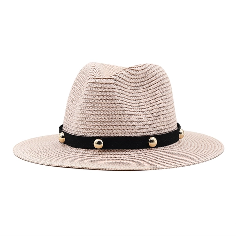 Straw Fedora Hat Wide Brim Rivet Decor Summer Beach Sun Protection Vintage For Men Women