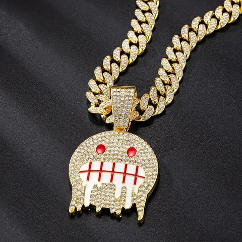 Hip Hop Legierung Strass Tropfen Geistergesicht Anhänger Halskette Gold Silber Panzerkette Iced Out Streetwear Herren Schmuck