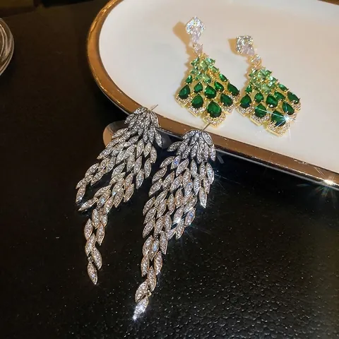 Lange Kwastoorbellen Met Veerblad Geometrisch Met 925 Sterling Zilveren Oorstokjes Groene Zirkoon Vintage Koperen Stijl