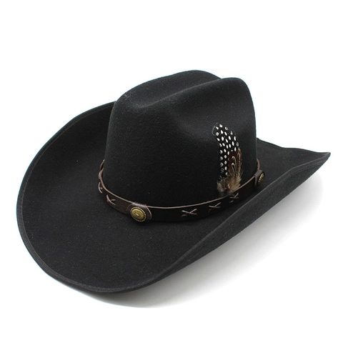 Western Cowboy Hat Wool Felt Wide Brim With Feather Leather Band Metal Rivets Unisex Retro Style