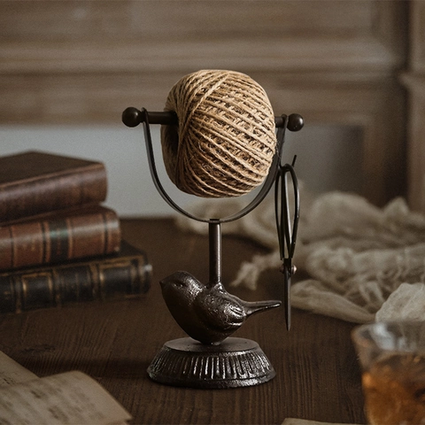 Vintage Cast Iron Animal Hemp Rope Holder With Scissors Antique Jute Twine Reel Stand Decorative Tabletop Home Ornament