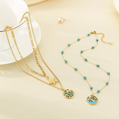 Ocean Theme Double Layer Stainless Steel Necklace Gold Coconut Tree Starfish Dolphin Pendant Turquoise Artificial Pearl Jewelry For Women