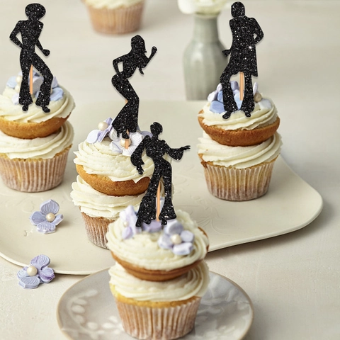 Disco Dancer Silhouette Cupcake Toppers Glittery Black Paper For Birthday Party Retro Music Theme Dessert Decoration