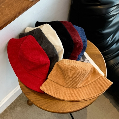 Vintage Corduroy Bucket Hat For Women Men Solid Color Foldable Outdoor Sun Protection Fisherman Cap Autumn Winter Accessory