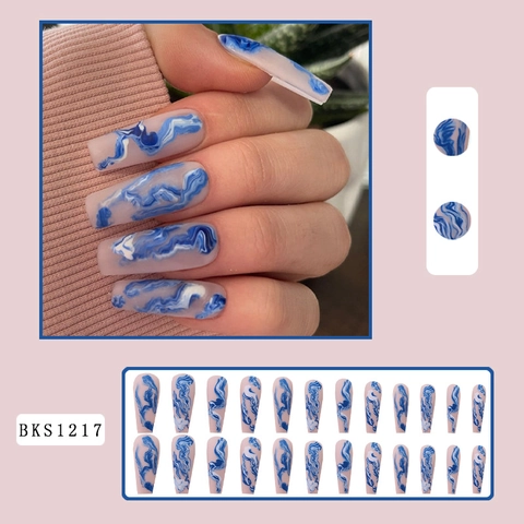 Unghie Finte Lunghe Coffin Design Marmo Blu Smudge Nude Punte Per Unghie Da Donna Manicure DIY Elegante Moda