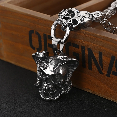 Collana Pendente Teschio Design Serpente Acciaio Inossidabile 316L Gotico Punk Rock Gioielli Vintage Per Uomo Catena Pesante