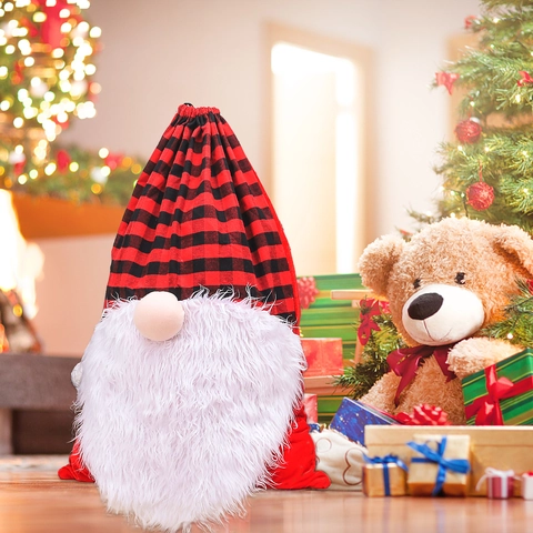 Christmas Gnome Gift Bag Buffalo Plaid Drawstring Storage Sack Plush Beard Faceless Doll Holiday Xmas Party Favor