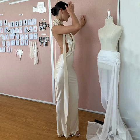 Sexy Satin Maxi Dress Deep V Neck Halter Backless Flower Decor Evening Party Long Gown Women