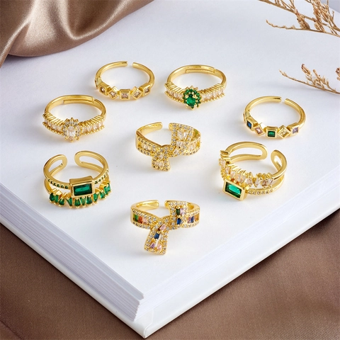 Anello Aperto in Rame e Zirconia Lusso Leggero per Donna Placcato Oro Colorato Croce Fiocco Regolabile Anello Geometrico