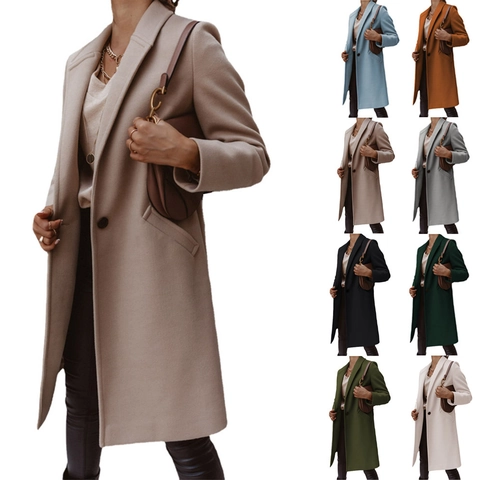 Women's Mid-length Woolen Coat Elegant Solid Color Lapel Single Breasted Overcoat British Style Commuter Long Sleeve Polyester Jacket