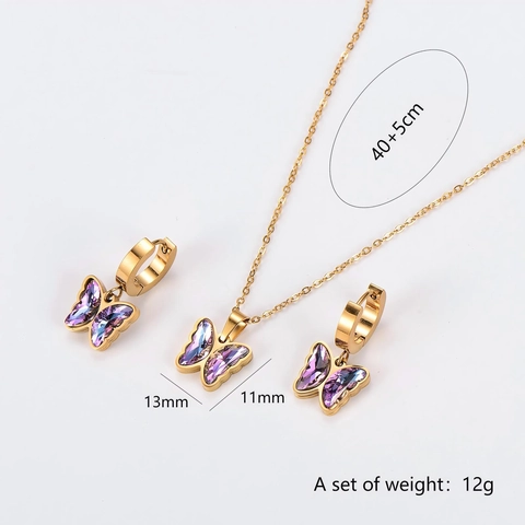 Butterfly Pendant Necklace And Stud Earrings 304 Stainless Steel Gold Plated Purple Crystal Fashion Jewelry For Women