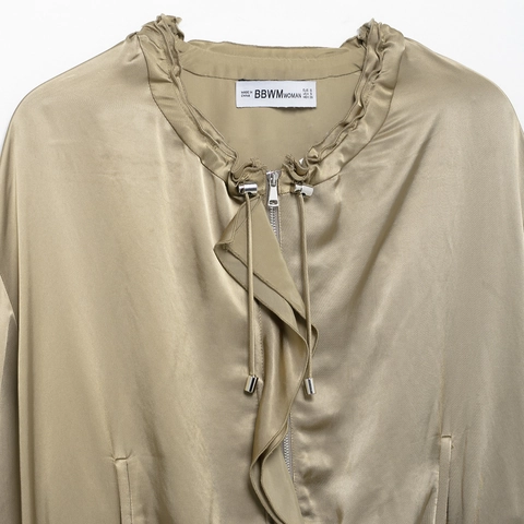 Women Satin Jacket Cropped Zipper Outerwear With Drawstring Lapel Street Style Solid Color Long Sleeve Top