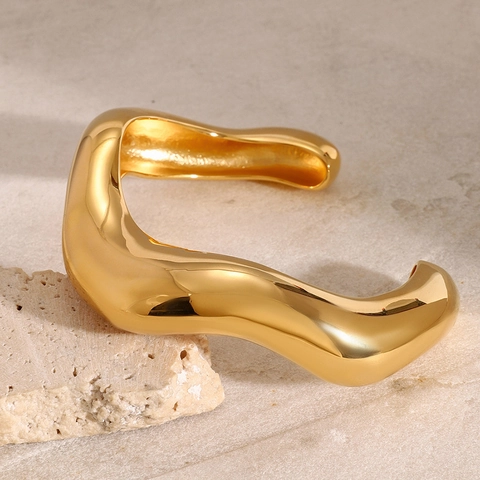 Irregulärer Wellenförmiger Armreif Edelstahl Vergoldet Hochglanzpoliert Dick Modern Minimalistisch Statement Schmuck