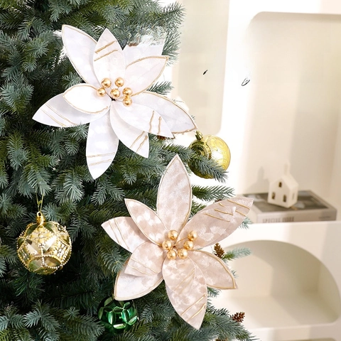 Artificial Poinsettia Christmas Flowers Flannel Velvet Glitter Edges Bead Center Holiday Tree Decoration Home Party