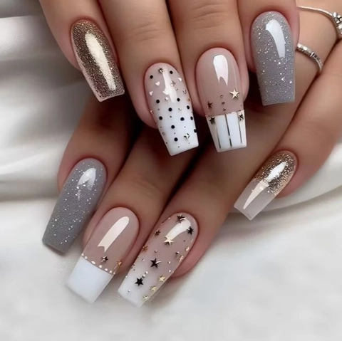 Uñas Postizas Largas De Bailarina ABS Degradado Francés Estrellas Lunares Purpurina Forma Ataúd Manicura Artificial