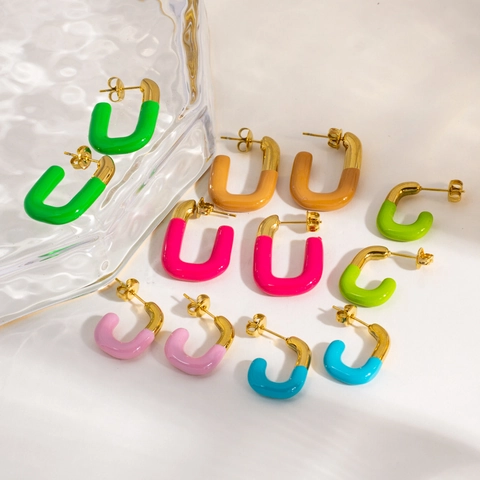 Geometric U-Shaped Enamel Stainless Steel Hoop Earrings For Women Candy Color Fashion Drip Oil Jewelry Gift